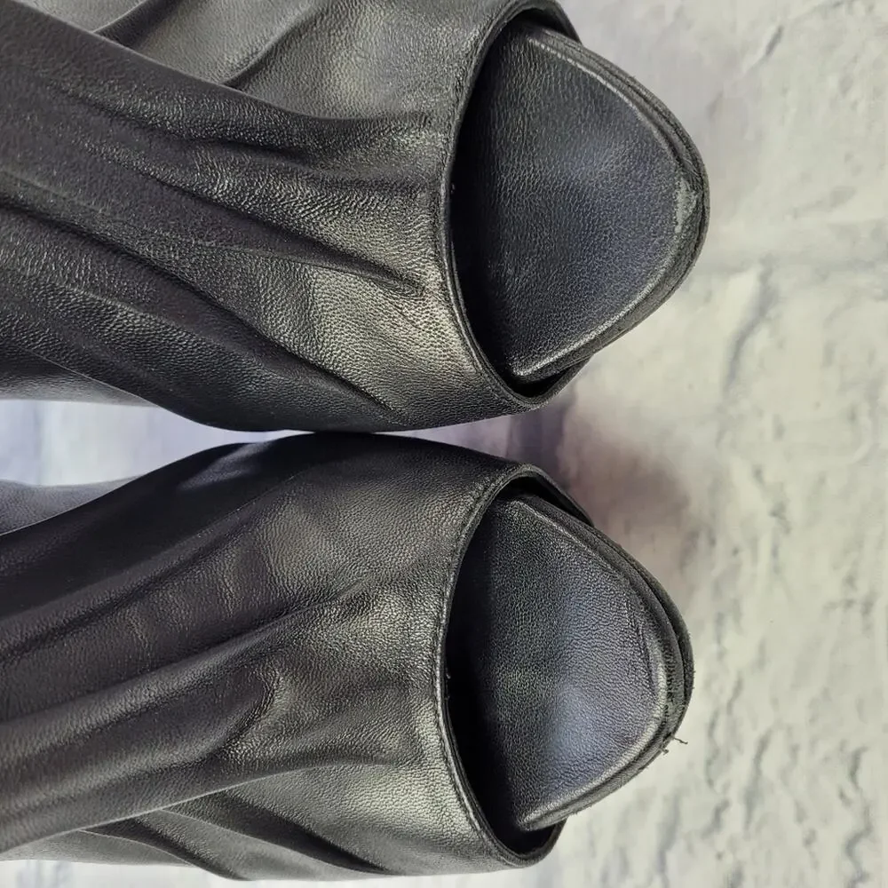 Jenni Kayne Black Suede & Leather Pleated Ankle Peep Toe Boots size 38